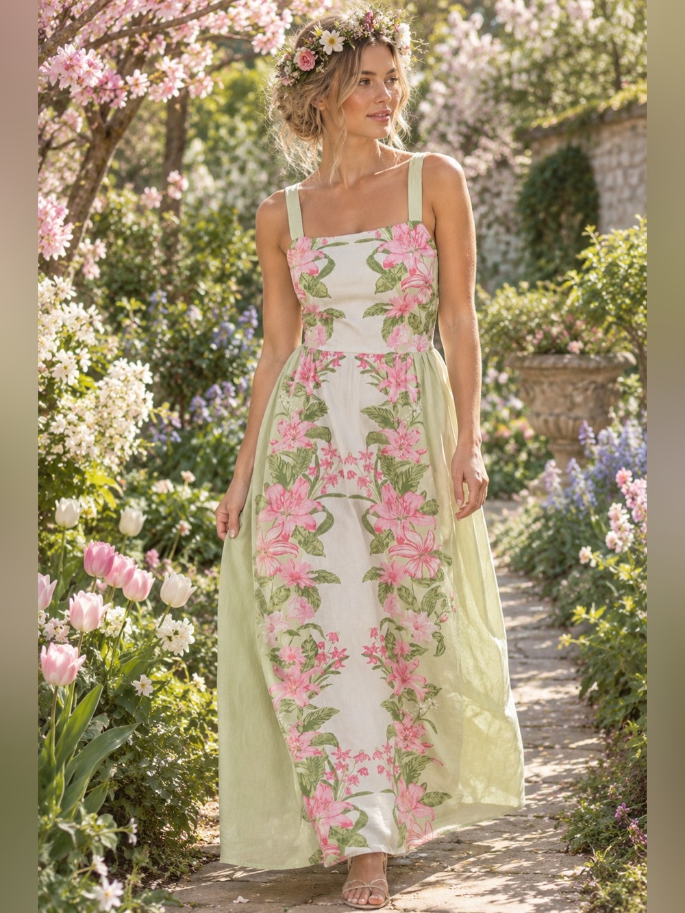 LEA Sleeveless Floral Color Block Maxi Dress Sweet Bloom Dreamscape Size L